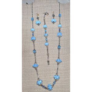 Artisan Made Blue Glass Beaded Necklace Bracelet & Earrings Set With Silver Acce